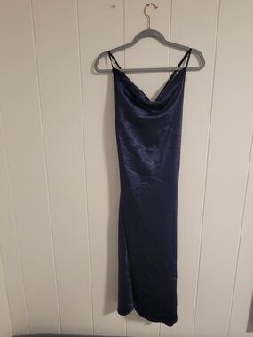Cider Navy Blue Satin Cowl Neck Midi Slip Dress